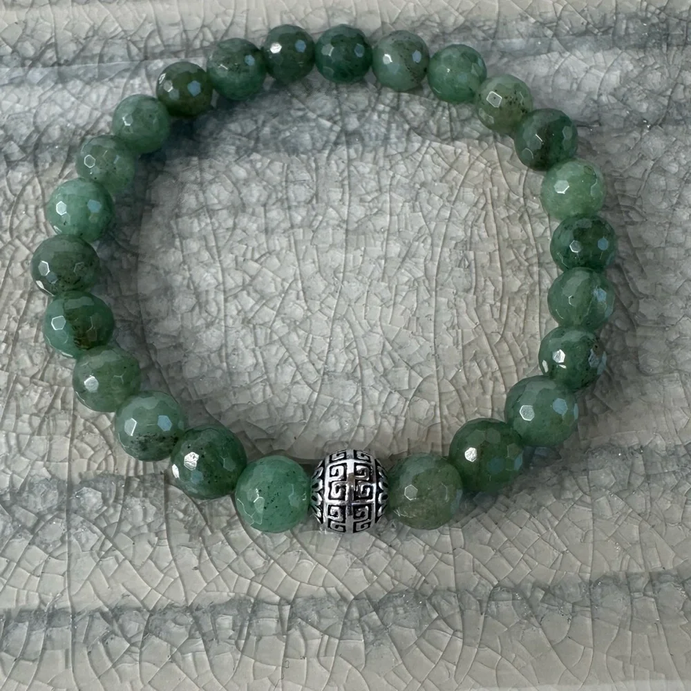 HAND CRAFTED Faceted Jade Stretch Bracelet 7” Green Silver Greek Key Beaded NWT